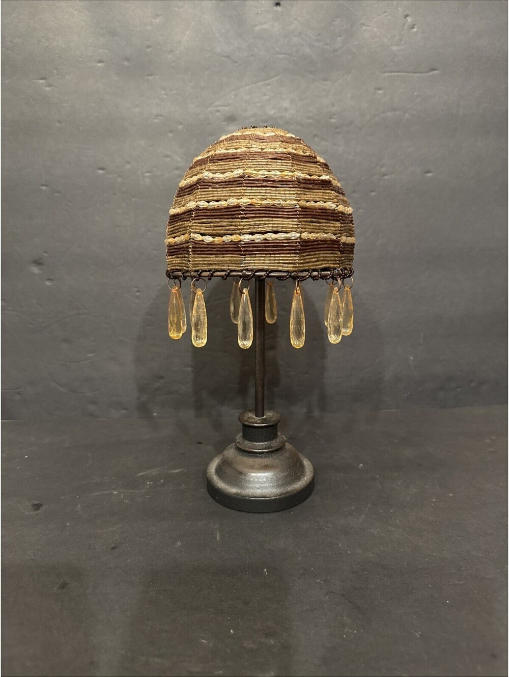 Vintage Beaded Votive Holder Lamp with Amber Teardrop Beads and Metal Base 11” H